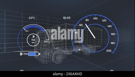 Image of 3d car model and speedometer over dark background Stock Photo