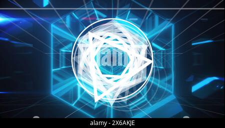 Image of white shapes over neon tunnel Stock Photo