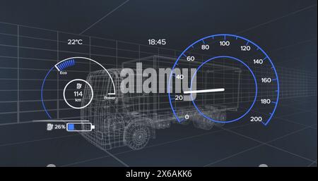 Image of 3d car model and speedometer over dark background Stock Photo