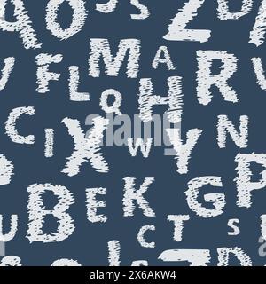 Doodle alphabet seamless background.  Endless vector pattern with white letters on a blue background. Stock Vector