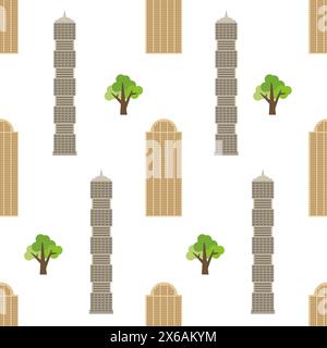 Seamless city background with modern houses and green trees. Vector illustration Stock Vector