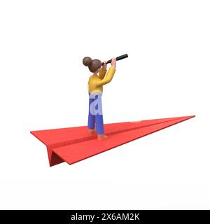 3D illustration of Asian woman Angela with a telescope in his hand flies on a red paper plane.3D rendering on white background Stock Photo