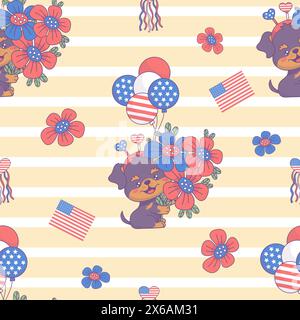 Seamless pattern with patriotic cartoon dog Rottweiler with bouquet flowers, balloons and American flags on yellow white striped background. Vector il Stock Vector