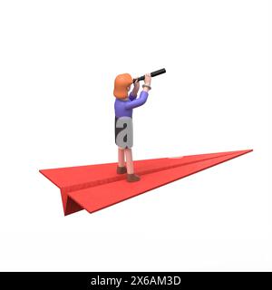 3D illustration of European businesswoman Ellen with a telescope in his hand flies on a red paper plane.3D rendering on white background Stock Photo