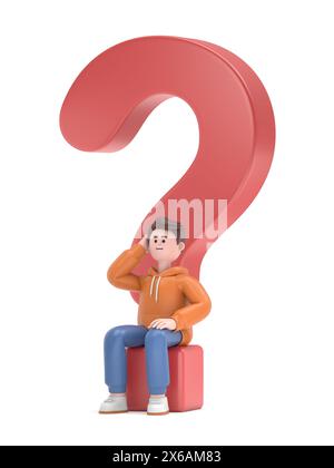 3D illustration of male guy Qadir puzzled and contemplating. 3D illustration uncertainty concept, Thinking, Questions, Flat cartoon character design. Stock Photo
