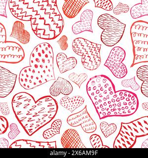 Seamless pattern with red hand drawn hearts. Vector illustration Stock Vector