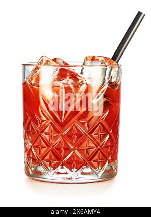 Classic Negroni in vintage tumbler glass with drinking straw isolated on white background. Stock Photo