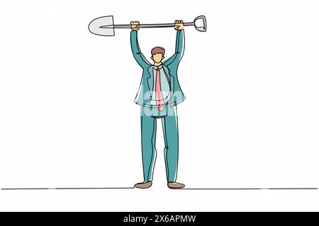 Single continuous line drawing young businessman standing and lifting big shovel. Depicts hard work, success, achievement, discovery. Success concept. Stock Vector
