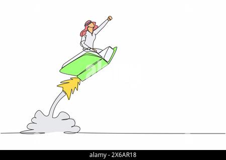 Single continuous line drawing Arabian businessman riding book rocket flying in the sky. Increase interest in reading smart students. Bookstore, educa Stock Vector