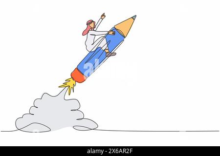 Single one line drawing young Arabian businessman riding pencil rocket flying in sky. Concept of education, creativity, imagination or creative freedo Stock Vector