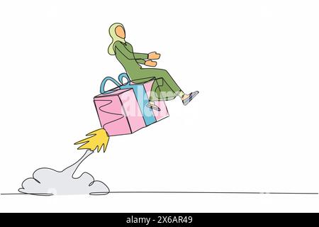 Single continuous line drawing Arab businesswoman riding gift box rocket flying in the sky. Package cardboard box with attached rockets. Big box with Stock Vector