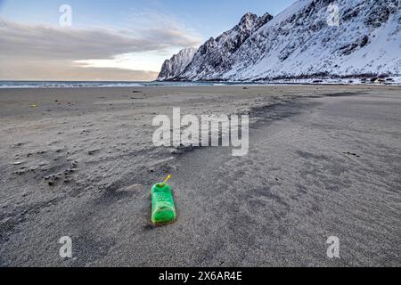Plastic bottle on the beach, plastic pollution, Senja, Troms, Norway, Europe Stock Photo