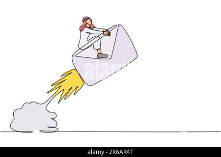 Single continuous line drawing Arabian businessman riding paper envelope rocket flying in the sky. Launch project. Social media, news, email, web deve Stock Vector