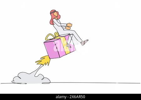 Continuous one line drawing Arabian businessman riding gift box rocket flying in the sky. Fast shipping or delivery. Cardboard box for moving and pack Stock Vector