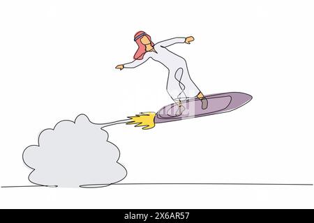 Single one line drawing Arabian businessman riding surfing board rocket flying in the sky. Successful trader on peak of profitability. Business succes Stock Vector