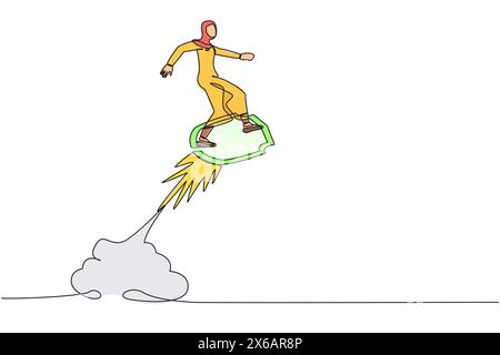 Single one line drawing Arabian businesswoman riding shield rocket flying in the sky. Business security acceleration to save financial growth. Continu Stock Vector