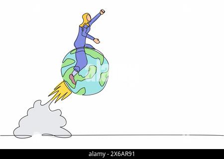 Continuous one line drawing Arabian businesswoman riding sphere globe rocket flying in the sky. Global business, world economics or business opportuni Stock Vector