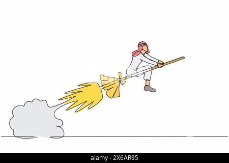 Continuous one line drawing Arab businessman riding broom rocket flying in the sky. Startup business launch. Unique products offered in market competi Stock Vector