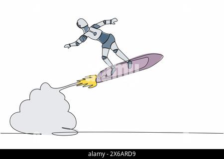 Single continuous line drawing robot riding surfing board rocket flying in the sky. Future technology development. Artificial intelligence machine lea Stock Vector