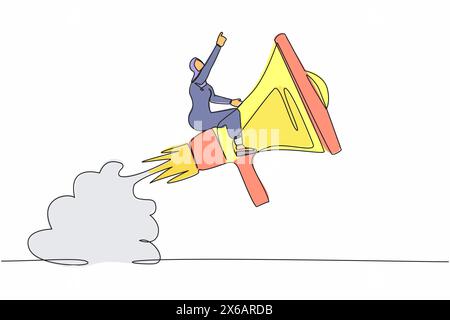 Single continuous line drawing Arab businesswoman riding megaphone rocket flying in the sky. Storytelling with precise message. Soft skill to communic Stock Vector