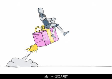 Single continuous line drawing robot riding gift box rocket flying in sky. Fast shipping or delivery. Future technology development. Artificial intell Stock Vector