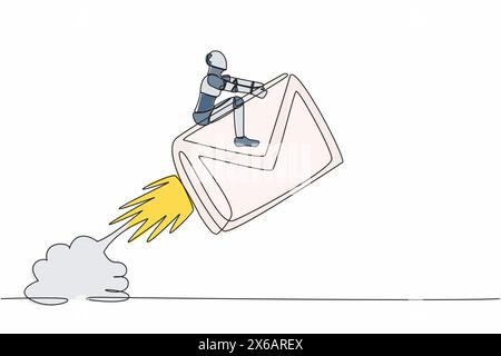 Single one line drawing robot riding paper envelope rocket flying in sky. Launch digital message project. Robotic artificial intelligence technology. Stock Vector