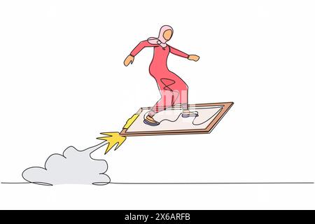 Continuous one line drawing Arabian businesswoman riding clipboard rocket flying in the sky. Checklist data analyze of employee status. Company develo Stock Vector