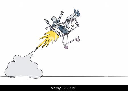 Single one line drawing robot riding shopping trolley rocket flying in the sky. Robotic artificial intelligence technology. Electronic technology indu Stock Vector