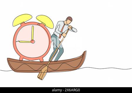 Single continuous line drawing of businessman standing in boat and sailing with alarm clock. Manager escape from project deadline. Time management pro Stock Vector