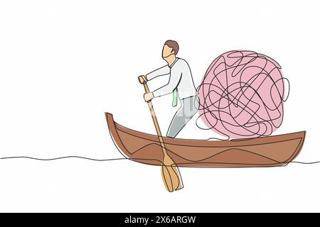 Single continuous line drawing businessman standing in boat and sailing with messy line. Escape from anxiety mind due to being fired from work. Dynami Stock Vector