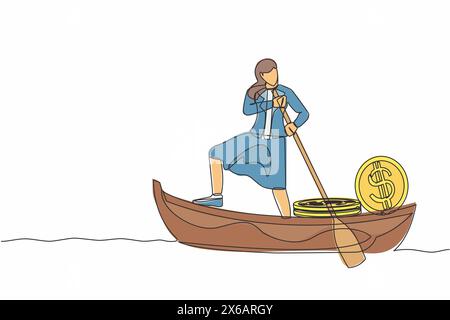 Continuous one line drawing businesswoman sailing away on boat with pile of dollar coins. Criminal stole golden coins from bank. Corruption, robber. S Stock Vector