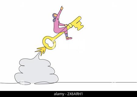 Single one line drawing Arab businesswoman riding key rocket flying in the sky. Leadership or motivation to find opportunity. Discover success keyhole Stock Vector