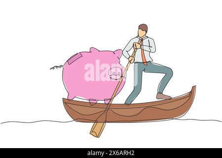 Single continuous line drawing of businessman standing in boat and sailing with piggy bank. Economy purposes saving money is very important. Smart inv Stock Vector