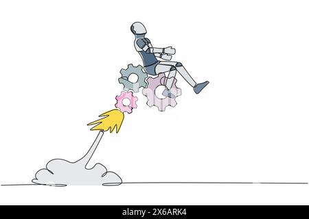 Single one line drawing robot riding gear rocket flying in the sky. Problem solving with tech mechanisms. Robotic artificial intelligence technology. Stock Vector