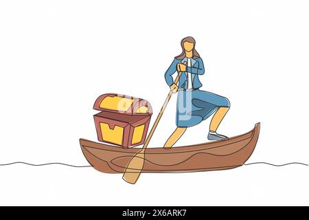 Single one line drawing businesswoman sailing away on boat with treasure chest. Money laundering, political corruption. Criminal stole golden coins. C Stock Vector