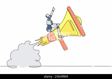 Continuous one line drawing of robot riding megaphone rocket flying in sky. Soft skill to communicate with team. Humanoid robot cybernetic organism. S Stock Vector