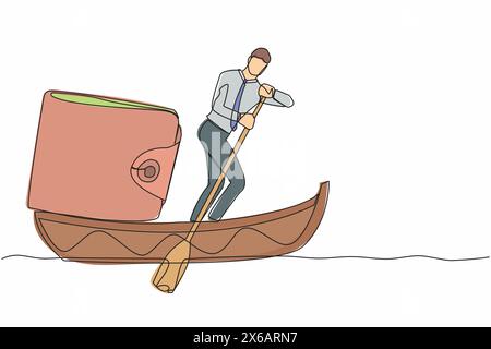 Continuous one line drawing businessman standing in boat and sailing with purse. Money management for personal use. Financial planning at company. Sin Stock Vector