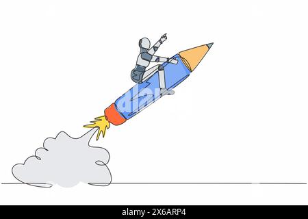 Single continuous line drawing robot riding pencil rocket flying in the sky. Tech education and creativity. Future technology development. Artificial Stock Vector