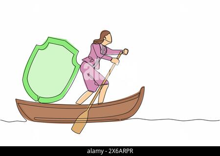 Single continuous line drawing businesswoman sailing away on boat with shield. Business protection and precaution financial crime. Security and insura Stock Vector