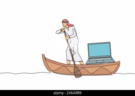 Single one line drawing Arabian businessman sailing away on boat with laptop computer. Freelancer work or creative manager doing remote work at ship. Stock Vector