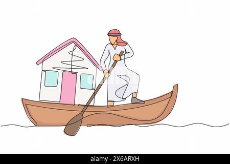 Continuous one line drawing of Arabian businessman sailing away on boat with house. Home mortgage problem in economic crisis. Housing loan disaster. S Stock Vector