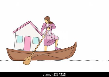 Continuous one line drawing businesswoman sailing away on boat with house. Home mortgage problem in economic crisis. Housing loan disaster concept. Si Stock Vector