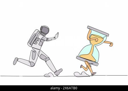 Single one line drawing young astronaut chasing hourglass in moon surface. Time management, space exploration schedule. Cosmonaut deep space concept. Stock Vector