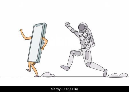 Continuous one line drawing of young astronaut run chasing smartphone in moon surface. Communication revolution with satellite phone. Cosmonaut outer Stock Vector
