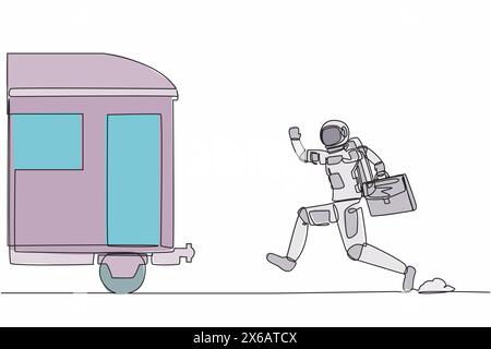 Continuous one line drawing of young astronaut run chasing train in moon surface. Transport system in space station. Cosmonaut outer space concept. Si Stock Vector