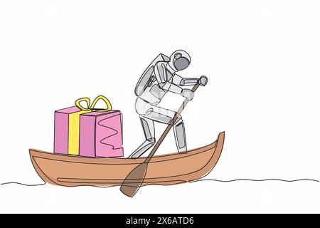 Single continuous line drawing astronaut sailing away on boat with gift box. Prizes for cosmonauts who have successfully explored outer space. Cosmona Stock Vector