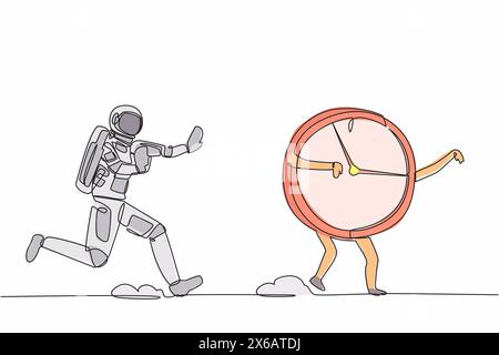 Single one line drawing young astronaut chase clock time in moon surface. Time management in space exploration. Cosmonaut deep space concept. Modern c Stock Vector