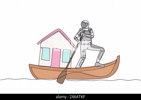 Single one line drawing of young astronaut sailing away on boat with house. Search for housing on planets other than Earth. Cosmic galaxy space. Conti Stock Vector