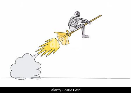 Continuous one line drawing of young astronaut riding magic broom rocket flying in moon surface. Launching spaceship company. Cosmonaut outer space. S Stock Vector