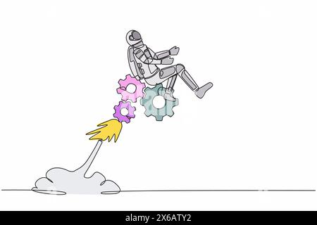 Single continuous line drawing of young astronaut riding gear rocket flying in moon surface. Problem solving mechanisms in space company. Cosmonaut de Stock Vector